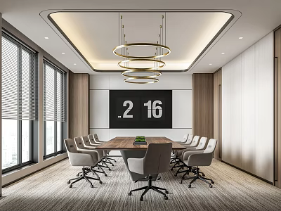 Modern Conference Room Interior Design With Long Wooden Table Gray Office Chairs And Hanging Chandeliers 3d model