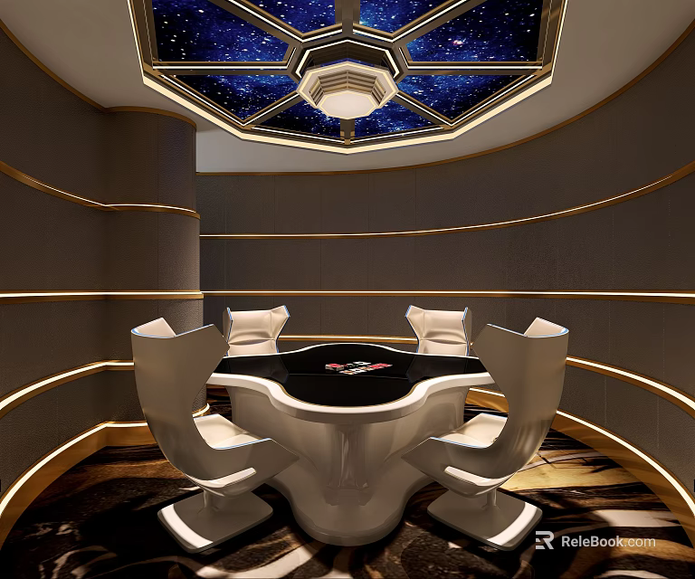 Hotel Mahjong Room Interior With Starry Sky Ceiling Modern Design Black Table And White Chairs 3d model 