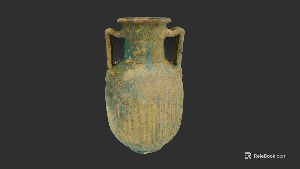 Antique Ceramic Vessel With Two Handles Textured Surface And Turquoise Earthy Tones 3d model 