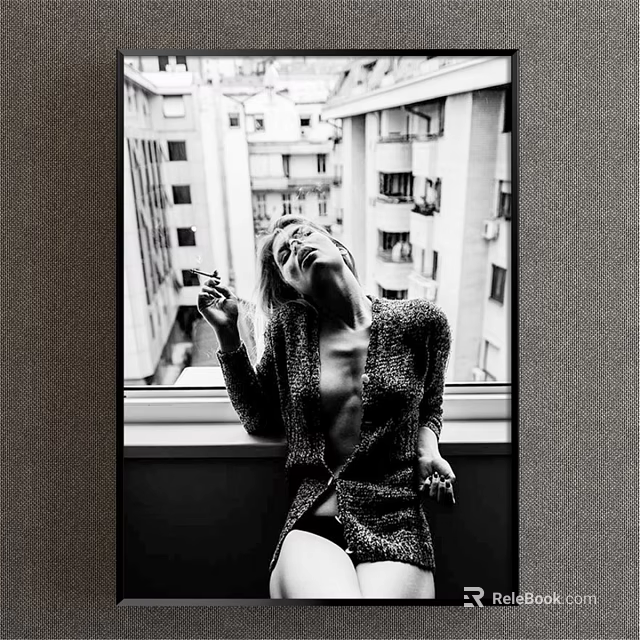 Portrait Painting of Female Figure in Black and White Style by Window with Urban Architecture 3d model 