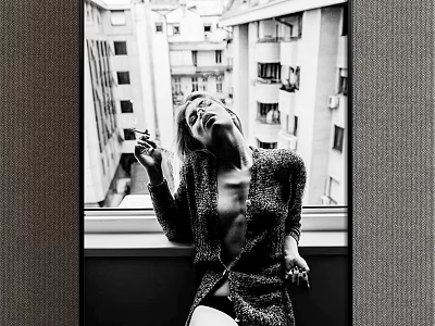 Portrait Painting of Female Figure in Black and White Style by Window with Urban Architecture 3d model