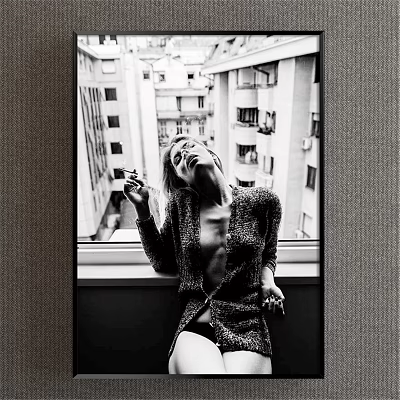 Portrait Painting of Female Figure in Black and White Style by Window with Urban Architecture 3d model