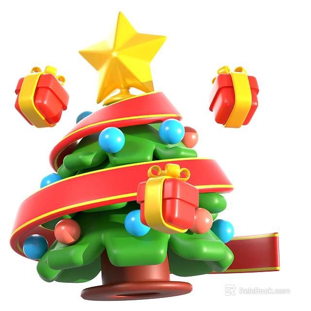 Christmas Tree Decorative Ornament Set With Red Ribbon Yellow Star Colorful Balls and Gift Boxes 3d model 