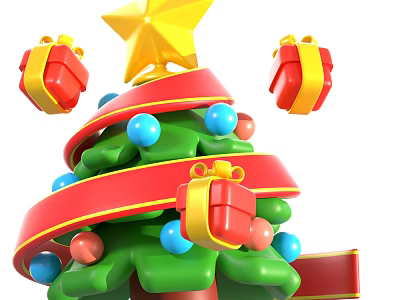 Christmas Tree Decorative Ornament Set With Red Ribbon Yellow Star Colorful Balls and Gift Boxes 3d model