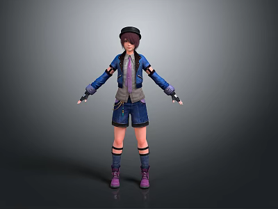 Game Movie 3D Character With Short Hair Hat Blue Jacket Purple Vest Shorts Purple Boots 3d model