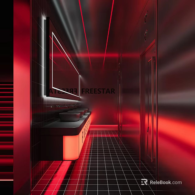 Contemporary Public Restroom Design With Red Neon Lighting And Sinks 3d model 