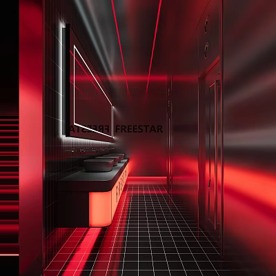 Contemporary Public Restroom Design With Red Neon Lighting And Sinks 3d model