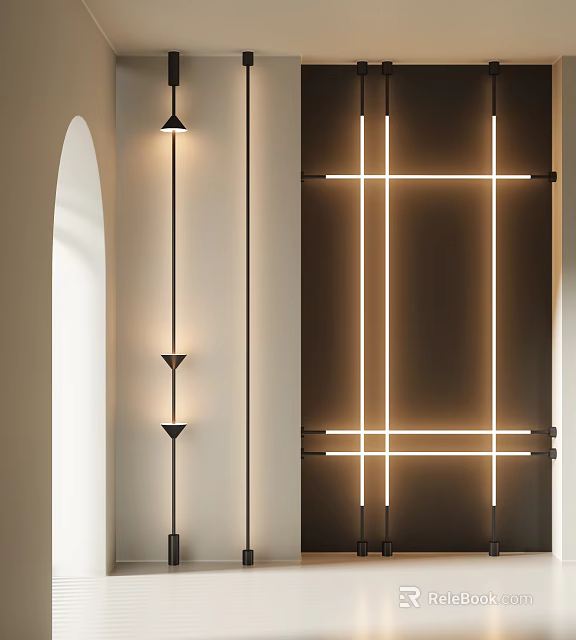 Minimalist Interior With Three Vertical Wall Lamps And Cross Shaped Illuminated Lines 3d model 