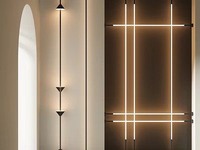 Minimalist Interior With Three Vertical Wall Lamps And Cross Shaped Illuminated Lines 3d model