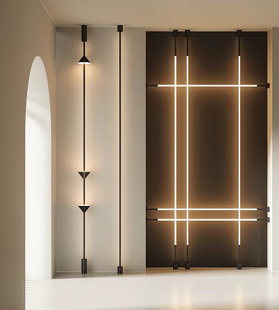 Minimalist Interior With Three Vertical Wall Lamps And Cross Shaped Illuminated Lines 3d model