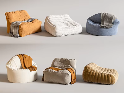 Stylish Bean Bag Chairs In Various Colors With Cozy Blankets For Living Room 3d model
