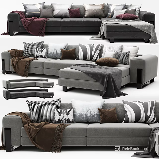 Gray Sectional Sofa With Various Patterned Throw Pillows And Brown Blanket 3d model