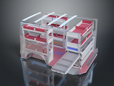 Transparent Multi Layer Modular Dormitory Structure With Red Beds And Stairs 3d model