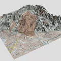 3D Rendered Mountain Landscape with Peaks Valleys and Urban Layout at Base