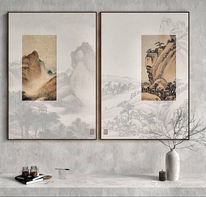 Two Chinese Landscape Scroll Paintings As Traditional Wall Decor For Modern Living Room 3d model 