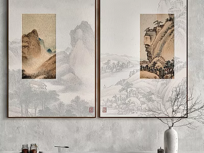 Two Chinese Landscape Scroll Paintings As Traditional Wall Decor For Modern Living Room 3d model