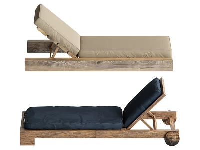 Wooden Lounge Chair with Adjustable Backrest Beige and Navy Blue Cushions 3d model