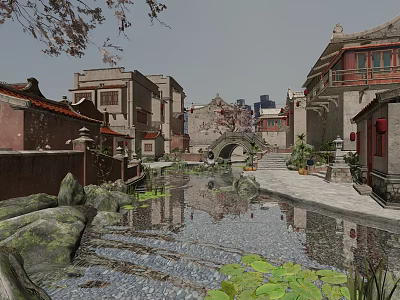 Traditional Commercial Street With Small River Stone Bridge Lotus Leaves And Green Plants 3d model