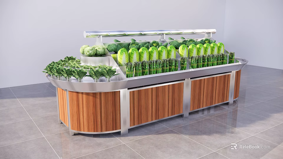 Curved Display Shelf with Illuminated Top for Arranged Fresh Vegetables in Supermarket 3d model 