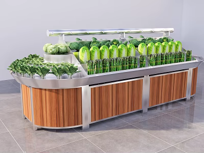 Curved Display Shelf with Illuminated Top for Arranged Fresh Vegetables in Supermarket 3d model