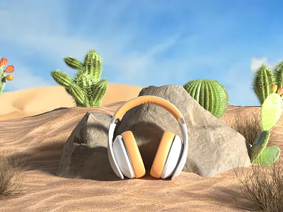 Desert Landscape With Cacti Rock Sand and Headphones Under Blue Sky 3d model