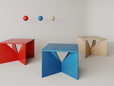 Modern Geometric Red Blue And Beige Stools With Hanging Colored Balls 3d model