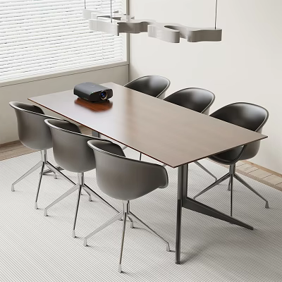 Modern Office Conference Table With Wooden Top Six Gray Chairs And Black Projector 3d model