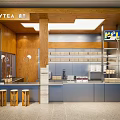 Bright Modern Bubble Tea Shop Interior Design With Wooden Counter And Shelves Stools
