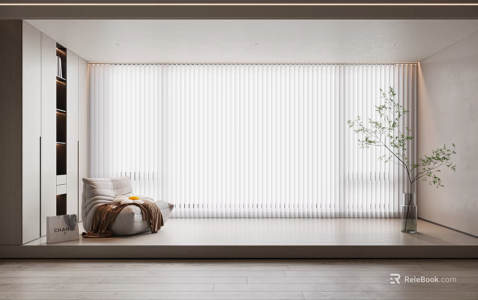 White Vertical Striped Curtains In Modern Interior With Bench Vase And Green Plants 3d model 