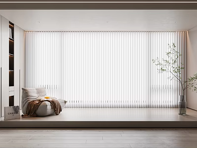 White Vertical Striped Curtains In Modern Interior With Bench Vase And Green Plants 3d model