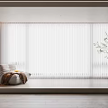 White Vertical Striped Curtains In Modern Interior With Bench Vase And Green Plants