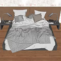 Double Bed With Brown Upholstered Headboard White Pillows Gray Cushions Gray Knitted Blanket And Black Nightstands