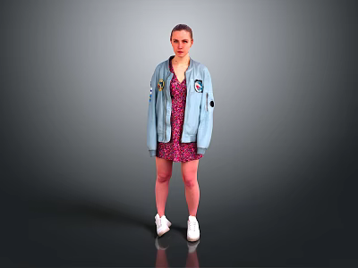 A Woman Wearing Blue Denim Jacket With Patches And Pink Floral Dress And White Sneakers 3d model