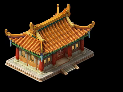 Traditional Chinese Architectural Model With Yellow Glazed Roof Red Columns And Ornate Eaves 3d model