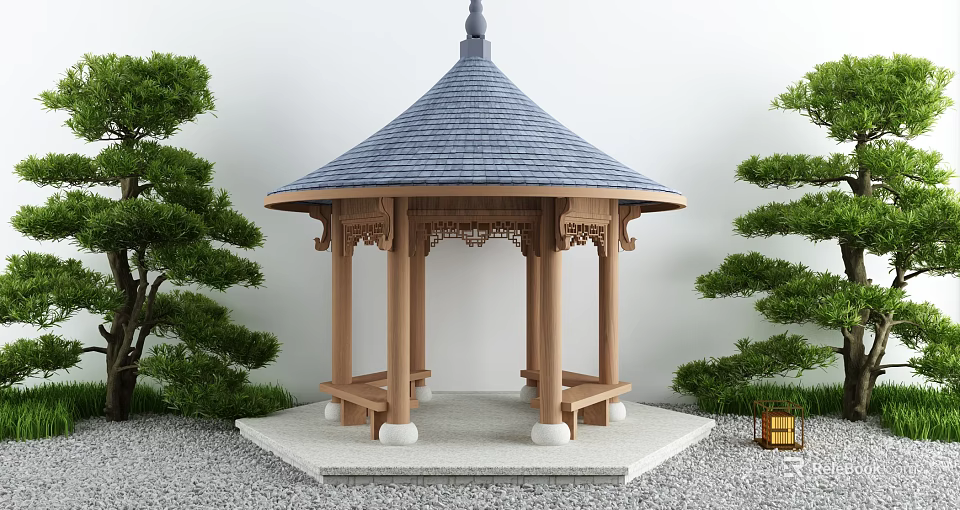Traditional Chinese Pavilion Featuring Wooden Structure Blue Tiled Roof And Surrounding Pine Trees 3d model 