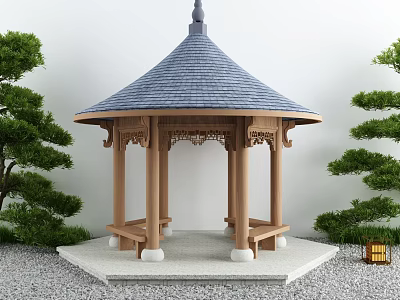 Traditional Chinese Pavilion Featuring Wooden Structure Blue Tiled Roof And Surrounding Pine Trees 3d model