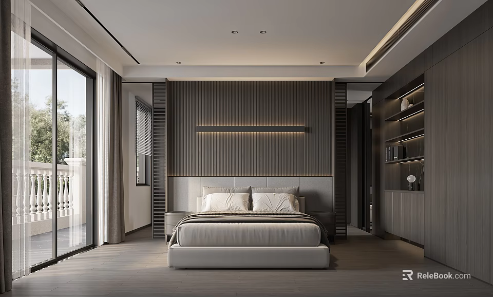 Modern Bedroom Interior Design With Vertical Striped Wall And Floor To Ceiling Windows 3d model
