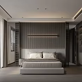 Modern Bedroom Interior Design With Vertical Striped Wall And Floor To Ceiling Windows 3d model