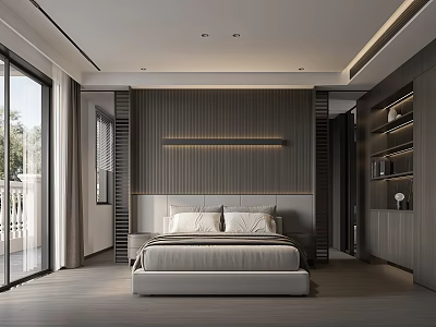 Modern Bedroom Interior Design With Vertical Striped Wall And Floor To Ceiling Windows 3d model