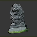 Stone Lion Statue In Lying Posture With Mane On Base And Green Grass