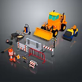 Construction Site Tools With Bulldozer Roller Wheelbarrow Traffic Cones And Barriers 3d model