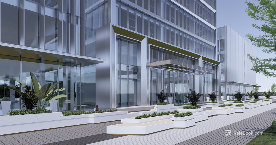 Modern Office Building Entrance Facade with Glass Curtain Wall Green Plants and Steps 3d model 