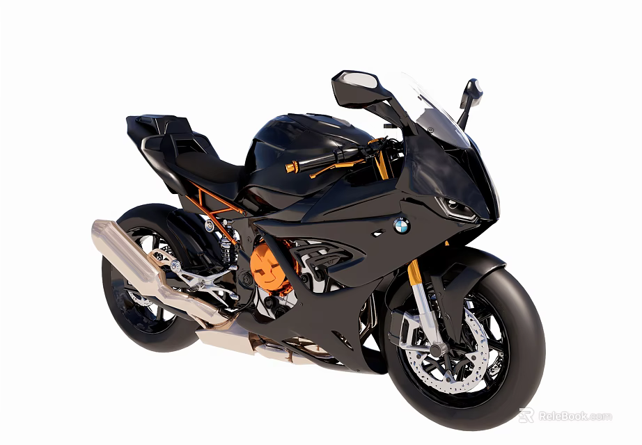 Black BMW Sport Motorcycle With Sleek Aerodynamic Design And Orange Accents 3d model 