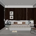 Modern Bedroom Interior Design With Wooden Headboard Wall Decorative Paintings Cozy Bed And Side Chair
