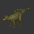 Realistic Reptile Dinosaur Model with Yellow Green Skin and White Back Stripes in Standing Pose
