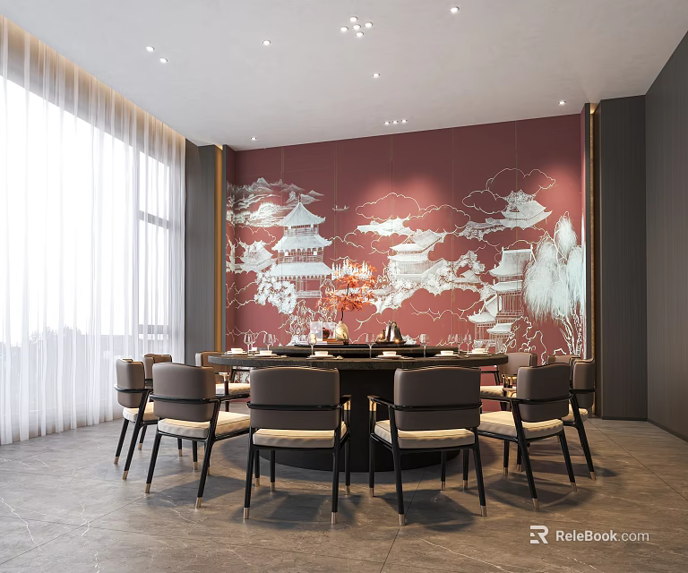 Modern Private Room With Round Table And Chinese Wall Murals 3d model