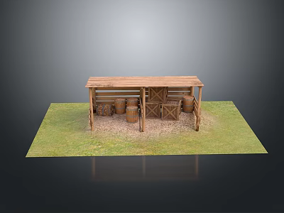 Rustic Wooden Shelter Structure With Barrels And Support Posts On Grass 3d model