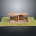 Rustic Wooden Shelter Structure With Barrels And Support Posts On Grass