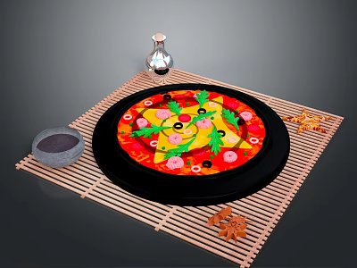 Delicious Pizza Topped With Vegetables On Bamboo Mat With Sauce Bowl And Dried Flowers 3d model