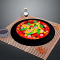Delicious Pizza Topped With Vegetables On Bamboo Mat With Sauce Bowl And Dried Flowers